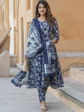 Jyoti Fashion Navy Blue Rayon Printed Designer Kurta Set With Dupatta | Grocsy