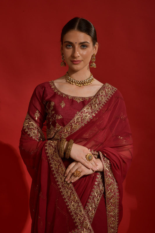Jyoti Fashion Women's Maroon Sequence Coding Embroidery Georgette Saree with Blouse | Grocsy