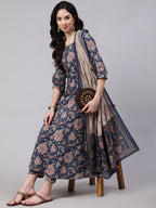 Jyoti Fashion Navy Blue Rayon Printed Designer Kurta Set With Dupatta | Grocsy