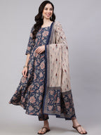 Jyoti Fashion Navy Blue Rayon Printed Designer Kurta Set With Dupatta | Grocsy