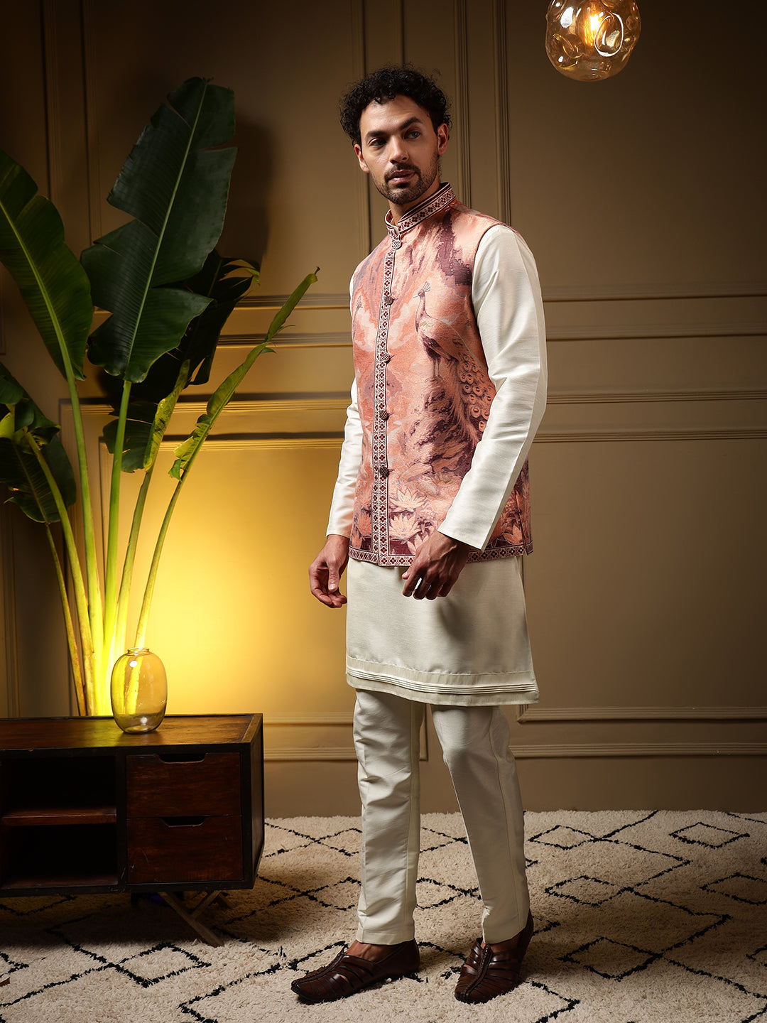 Jyoti Fashion Men's Peach Slub Silk Jacquard 3D Weaving Kurta Set with Koti | Grocsy