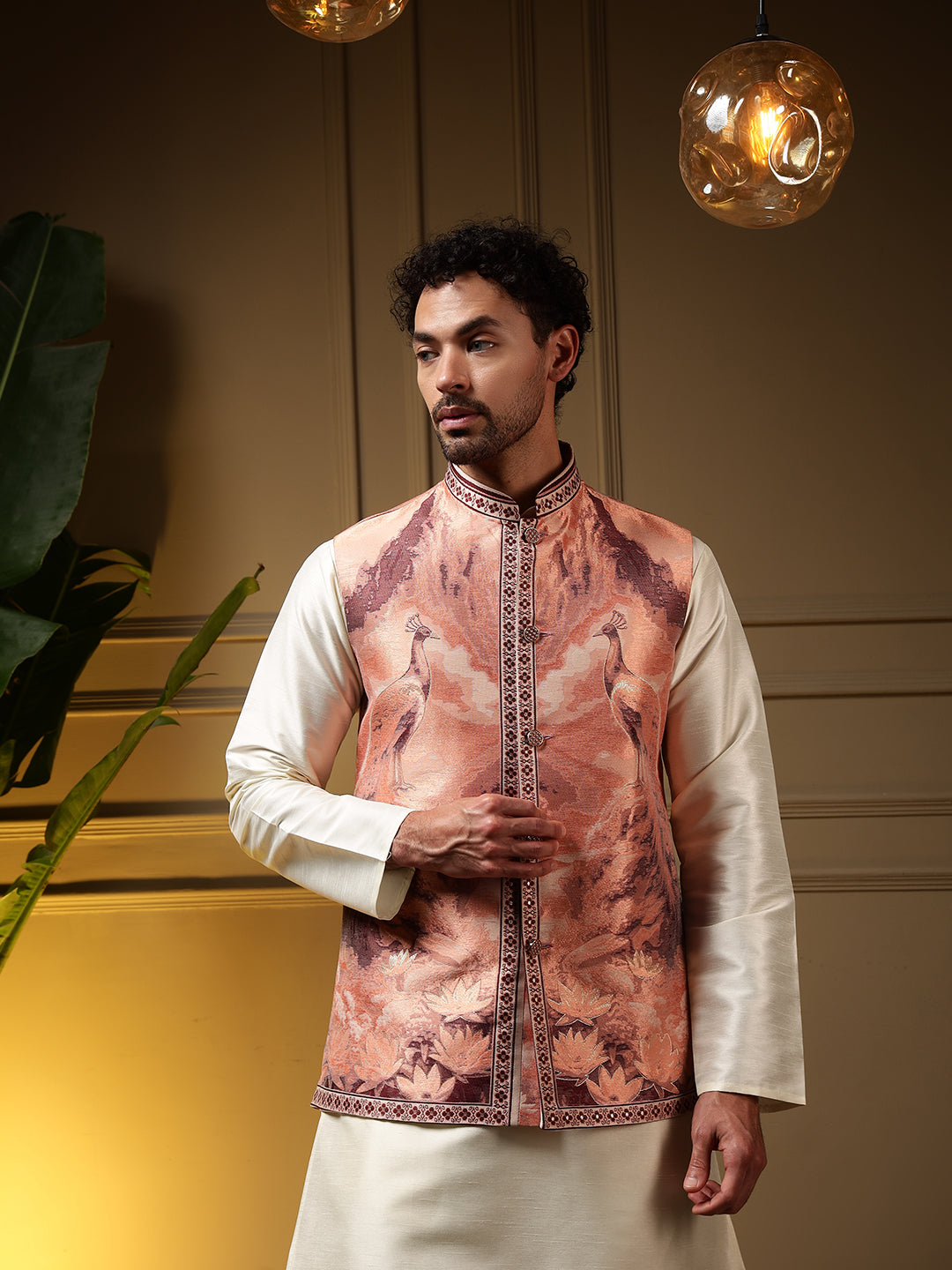 Jyoti Fashion Men's Peach Slub Silk Jacquard 3D Weaving Kurta Set with Koti | Grocsy