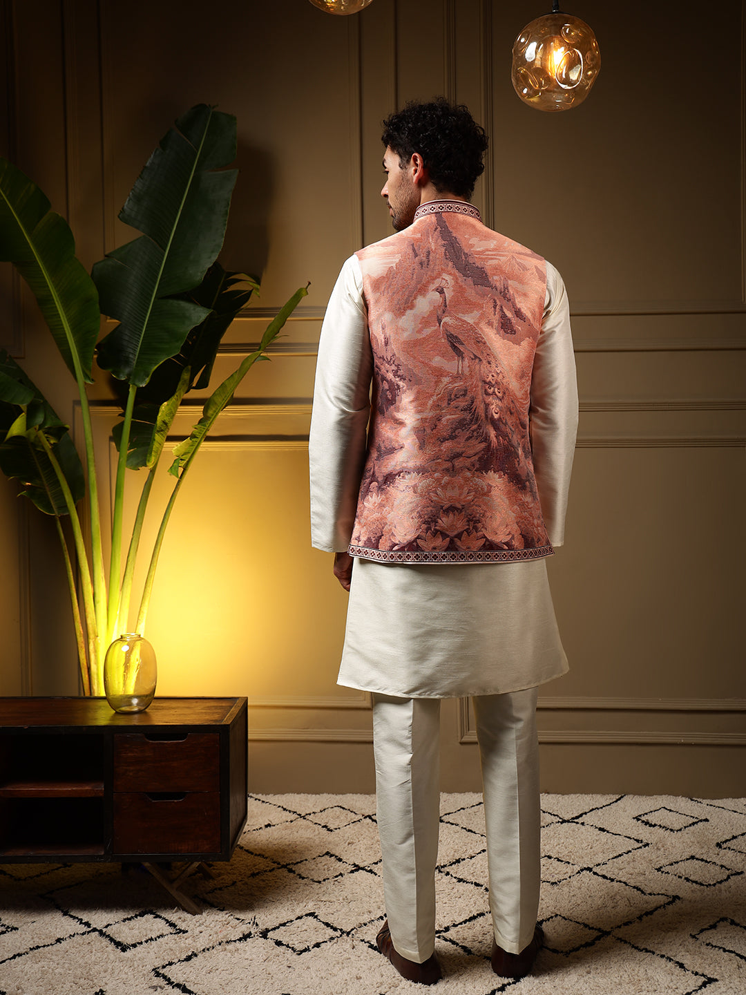 Jyoti Fashion Men's Peach Slub Silk Jacquard 3D Weaving Kurta Set with Koti | Grocsy