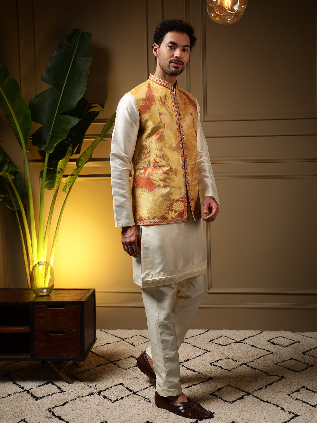 Jyoti Fashion Men's Yellow Slub Silk Jacquard 3D Weaving Kurta Set with Koti | Grocsy