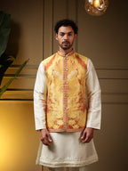 Jyoti Fashion Men's Yellow Slub Silk Jacquard 3D Weaving Kurta Set with Koti | Grocsy