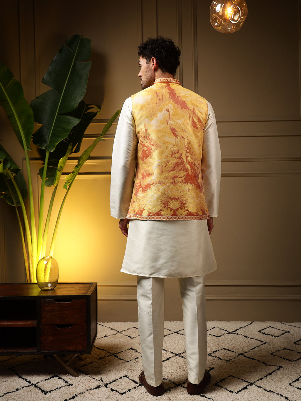 Jyoti Fashion Men's Yellow Slub Silk Jacquard 3D Weaving Kurta Set with Koti | Grocsy