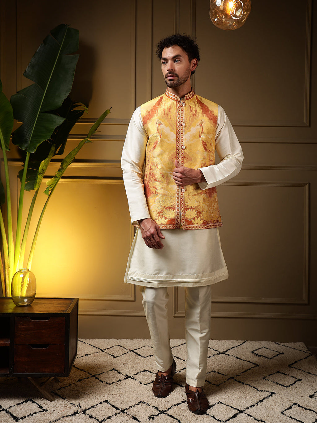 Jyoti Fashion Men's Yellow Slub Silk Jacquard 3D Weaving Kurta Set with Koti | Grocsy