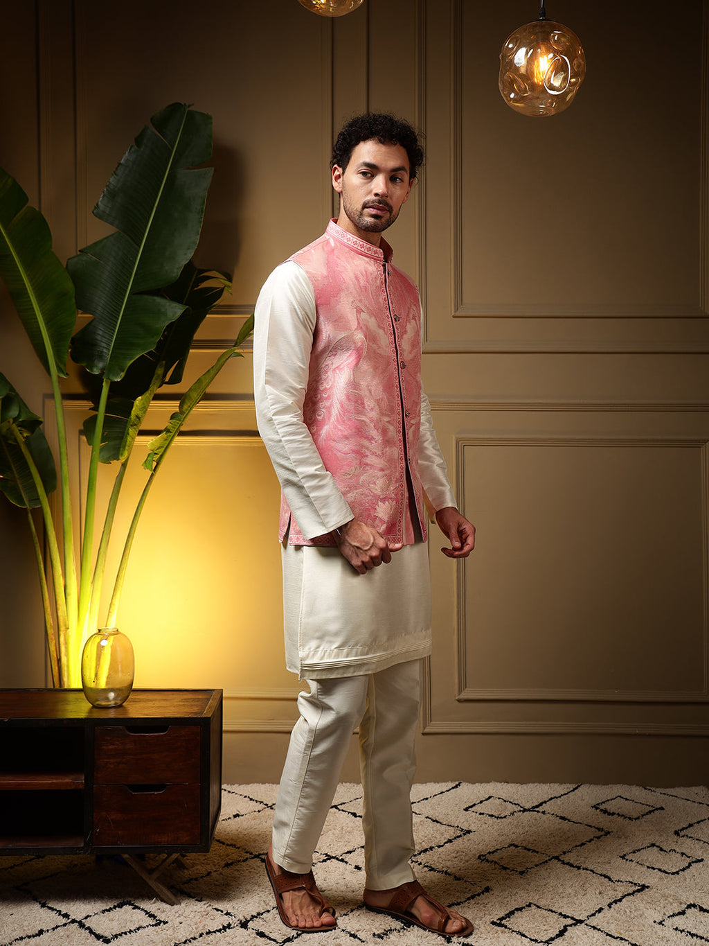 Jyoti Fashion Men's Pink Slub Silk Jacquard 3D Weaving Kurta Set with Koti | Grocsy