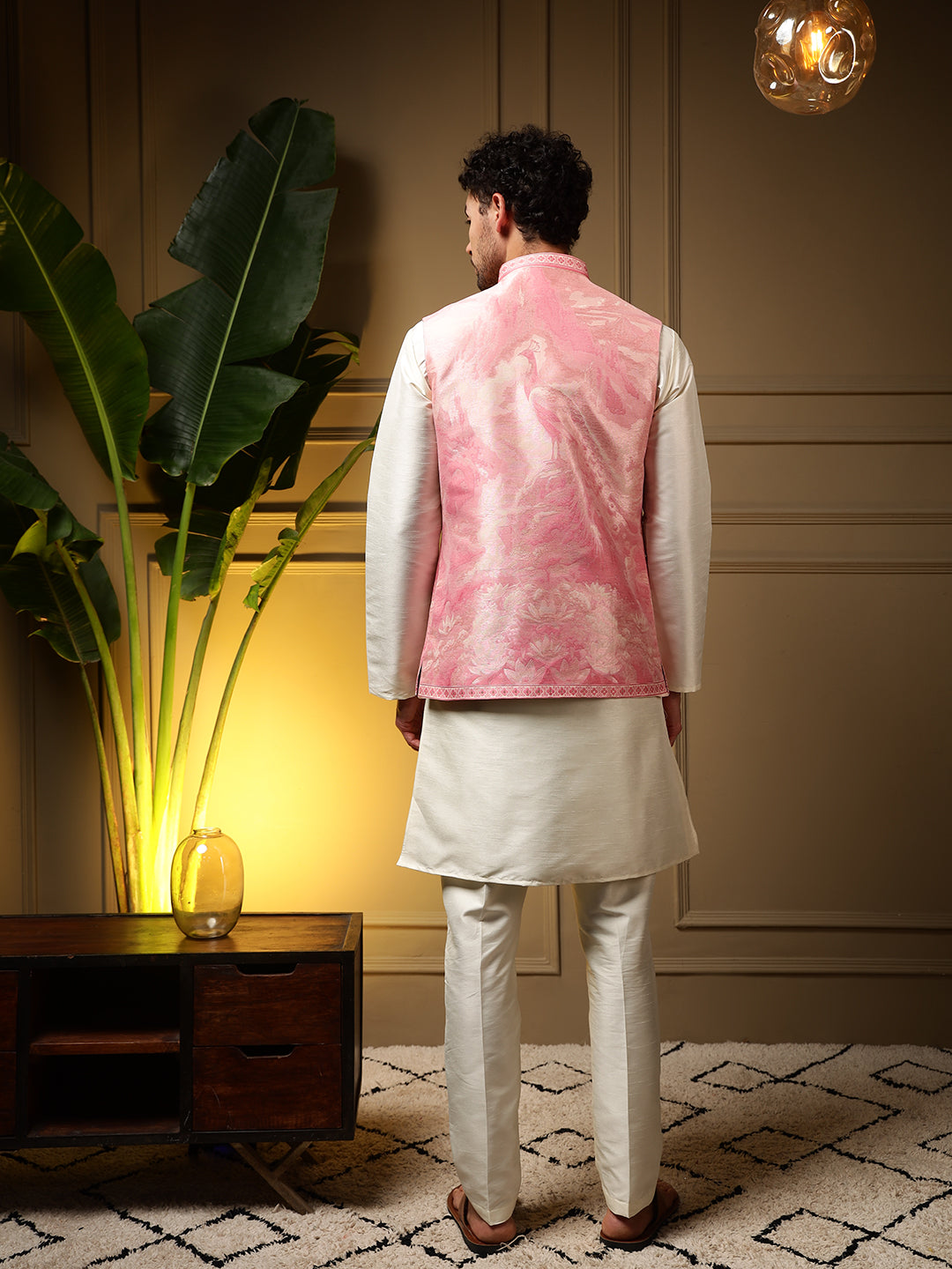 Jyoti Fashion Men's Pink Slub Silk Jacquard 3D Weaving Kurta Set with Koti | Grocsy