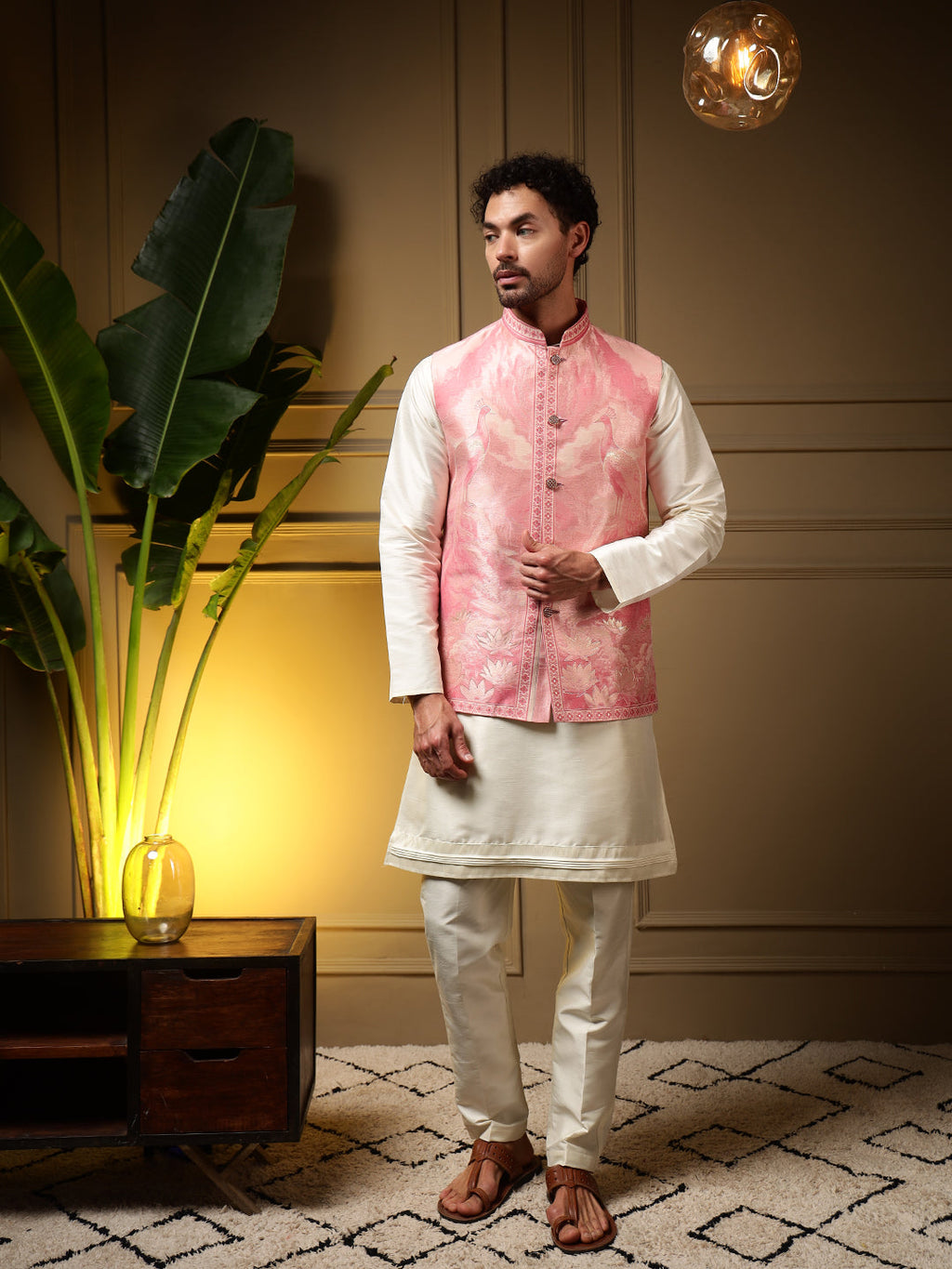 Jyoti Fashion Men's Pink Slub Silk Jacquard 3D Weaving Kurta Set with Koti | Grocsy
