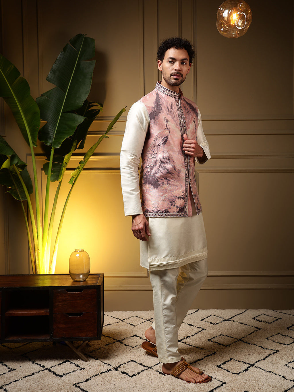 Jyoti Fashion Men's Wine Slub Silk Jacquard 3D Weaving Kurta Set with Koti | Grocsy