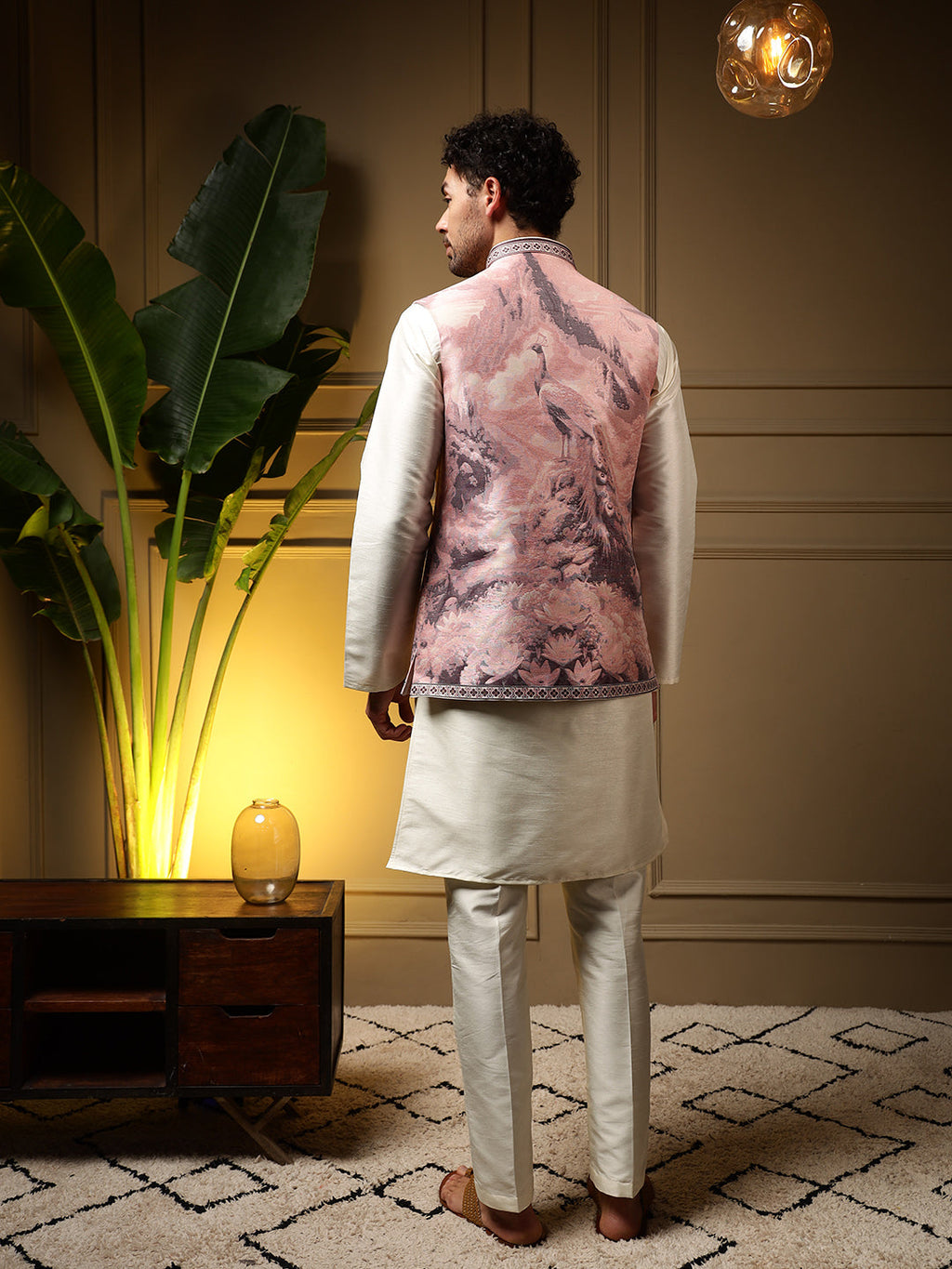 Jyoti Fashion Men's Wine Slub Silk Jacquard 3D Weaving Kurta Set with Koti | Grocsy