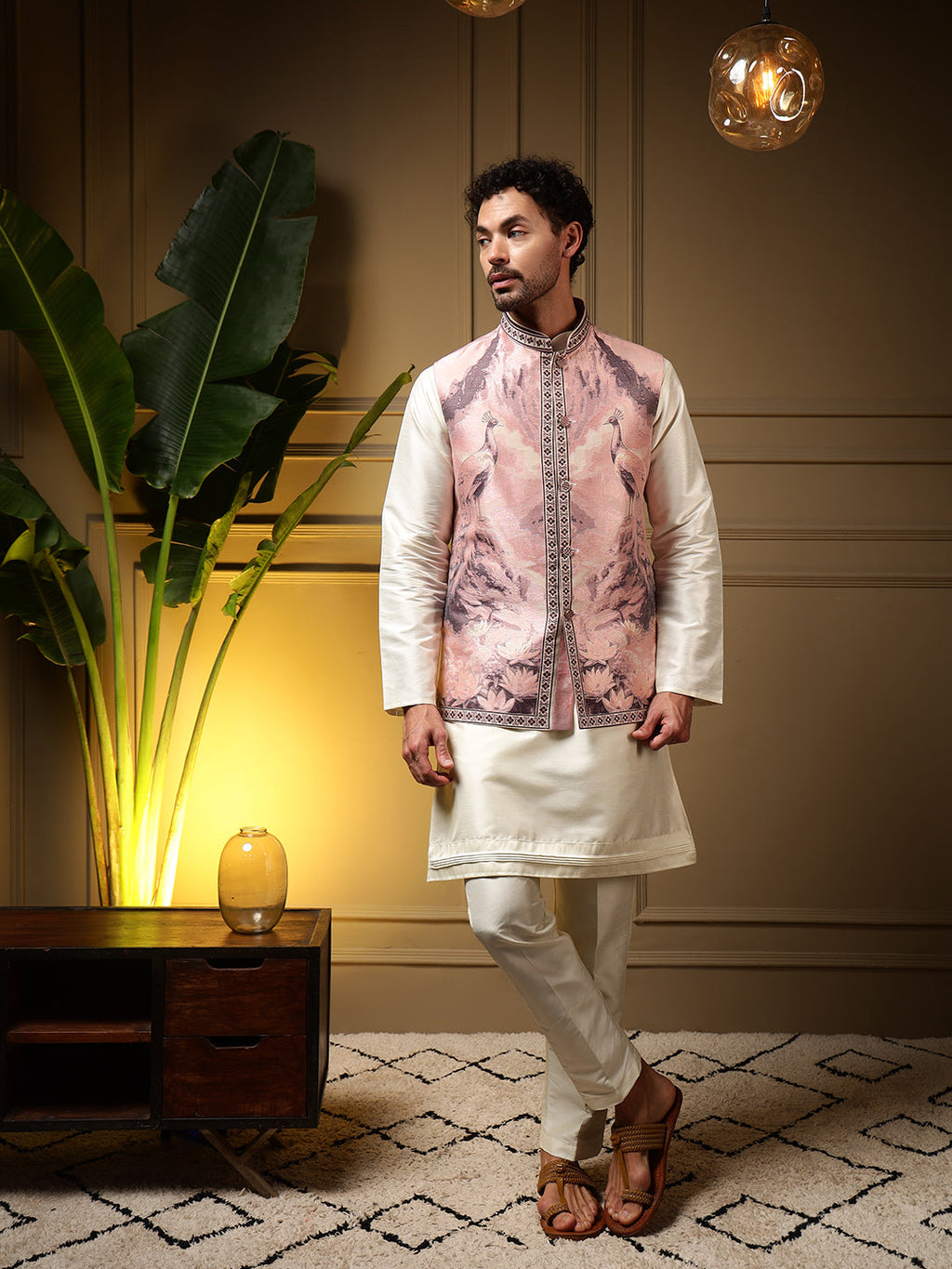 Jyoti Fashion Men's Wine Slub Silk Jacquard 3D Weaving Kurta Set with Koti | Grocsy