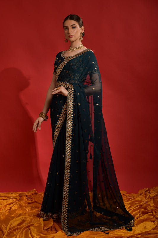 Jyoti Fashion Women's Morpich Sequence Coding Embroidery Georgette Saree with Blouse | Grocsy