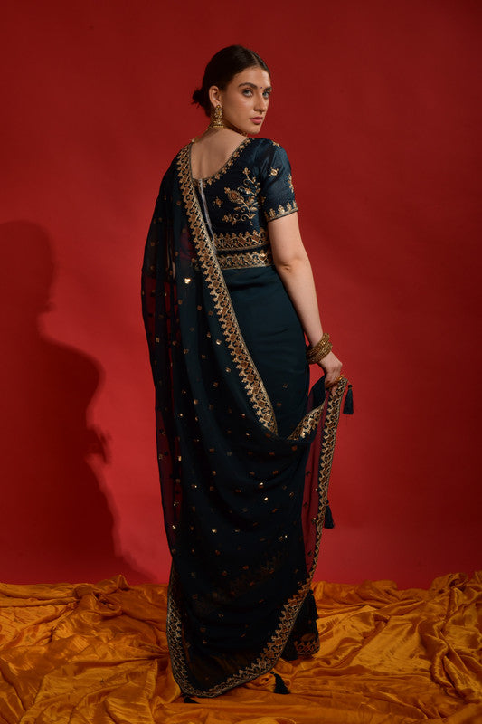 Jyoti Fashion Women's Morpich Sequence Coding Embroidery Georgette Saree with Blouse | Grocsy