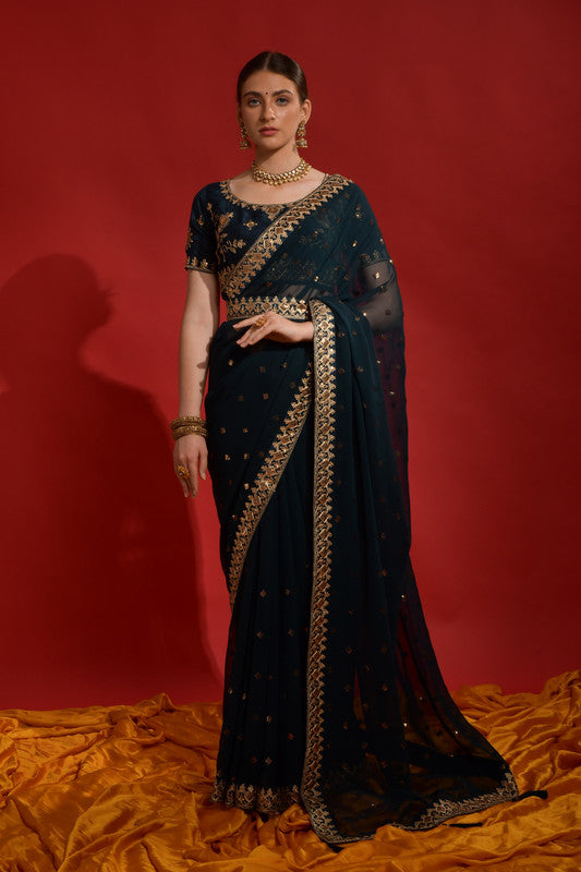 Jyoti Fashion Women's Morpich Sequence Coding Embroidery Georgette Saree with Blouse | Grocsy