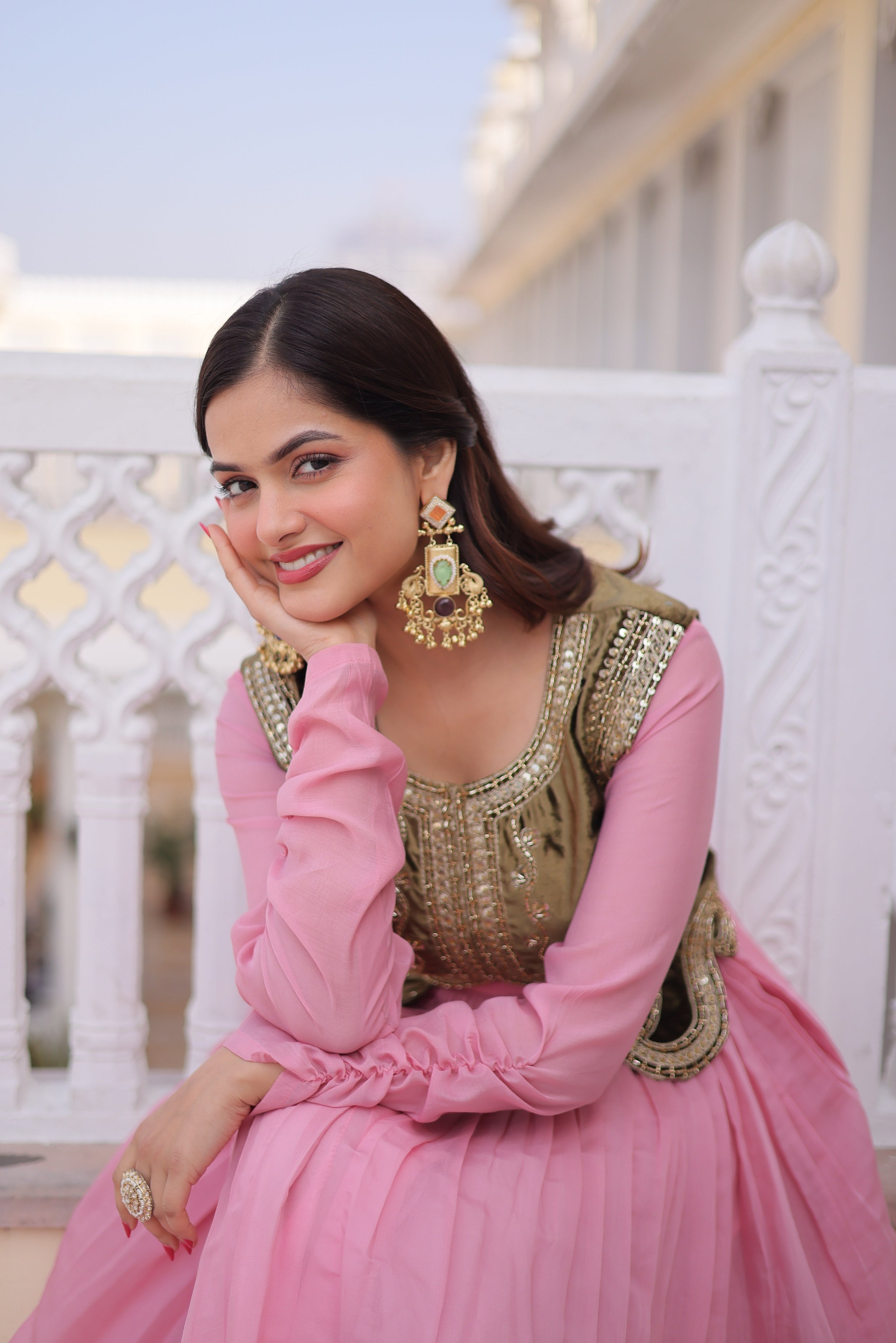 Jyoti Fashion Baby Pink Mal Chanderi Designer Anarkali Gown with Koti | Grocsy