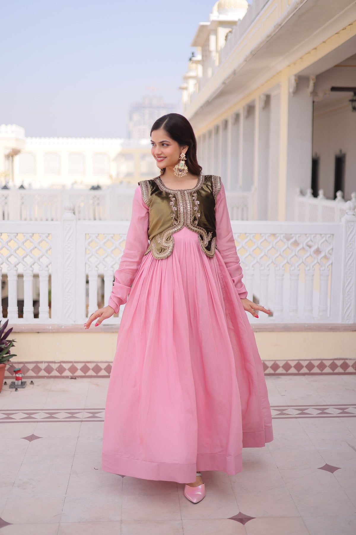 Jyoti Fashion Baby Pink Mal Chanderi Designer Anarkali Gown with Koti | Grocsy