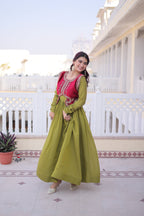 Jyoti Fashion Green Mal Chanderi Designer Anarkali Gown with Koti | Grocsy