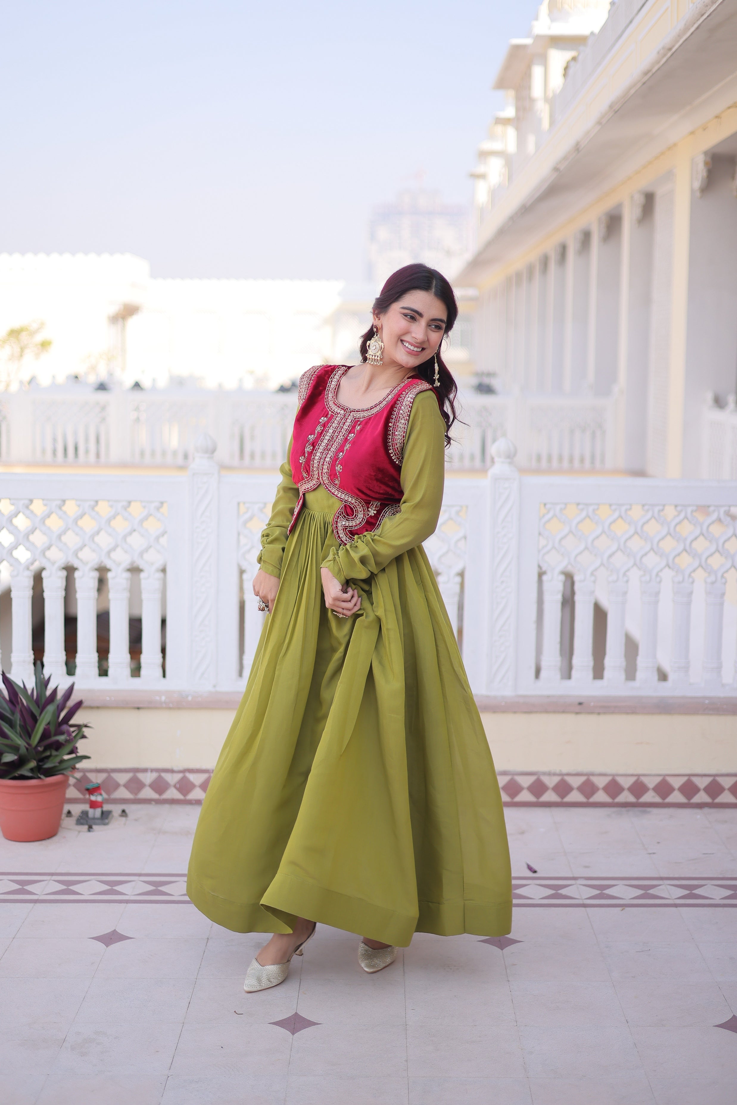 Jyoti Fashion Green Mal Chanderi Designer Anarkali Gown with Koti | Grocsy