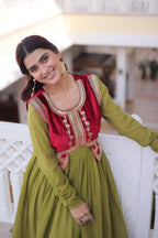 Jyoti Fashion Green Mal Chanderi Designer Anarkali Gown with Koti | Grocsy