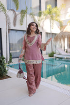 Jyoti Fashion Pink Salsa Fabric Mirror Lace Work Designer Kurta Set with Batwa | Grocsy