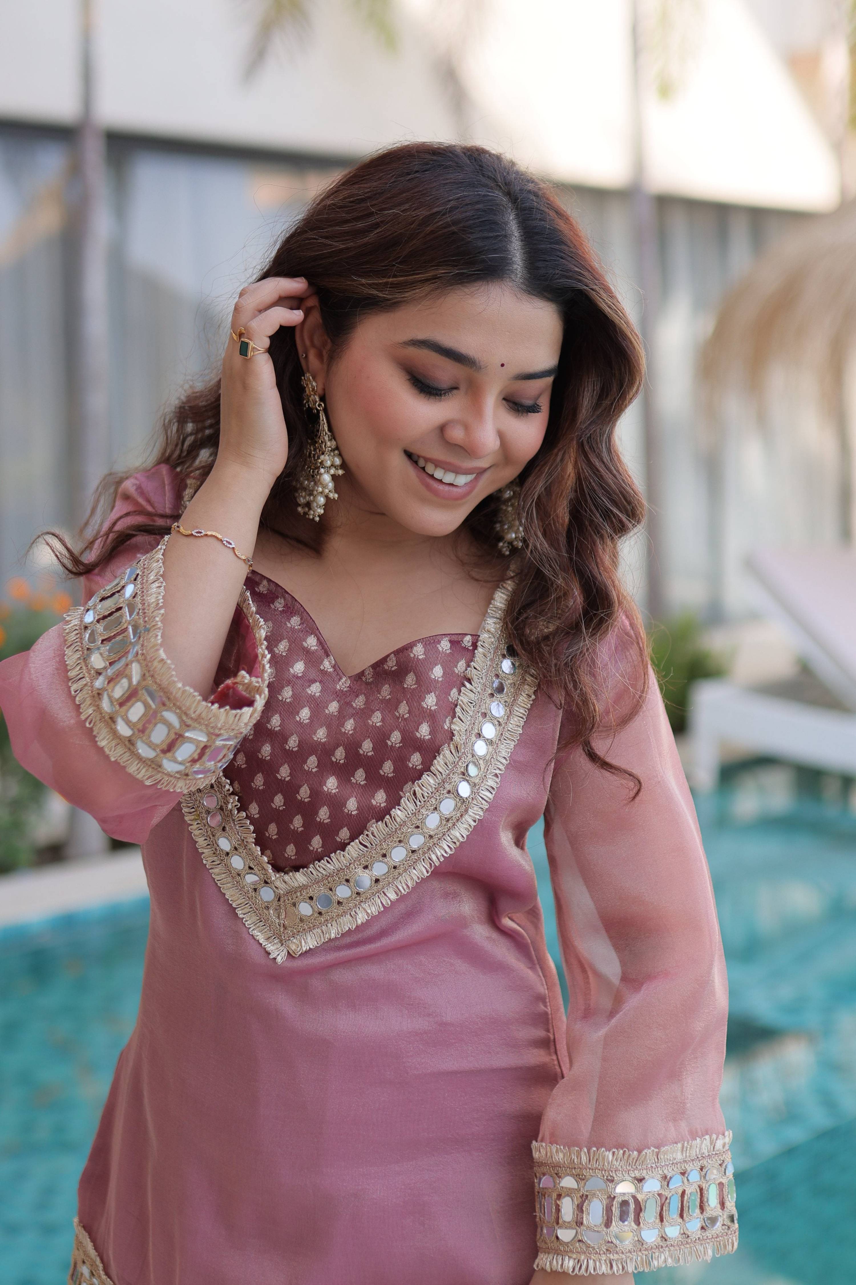 Jyoti Fashion Pink Salsa Fabric Mirror Lace Work Designer Kurta Set with Batwa | Grocsy