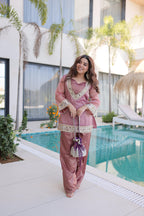Jyoti Fashion Pink Salsa Fabric Mirror Lace Work Designer Kurta Set with Batwa | Grocsy