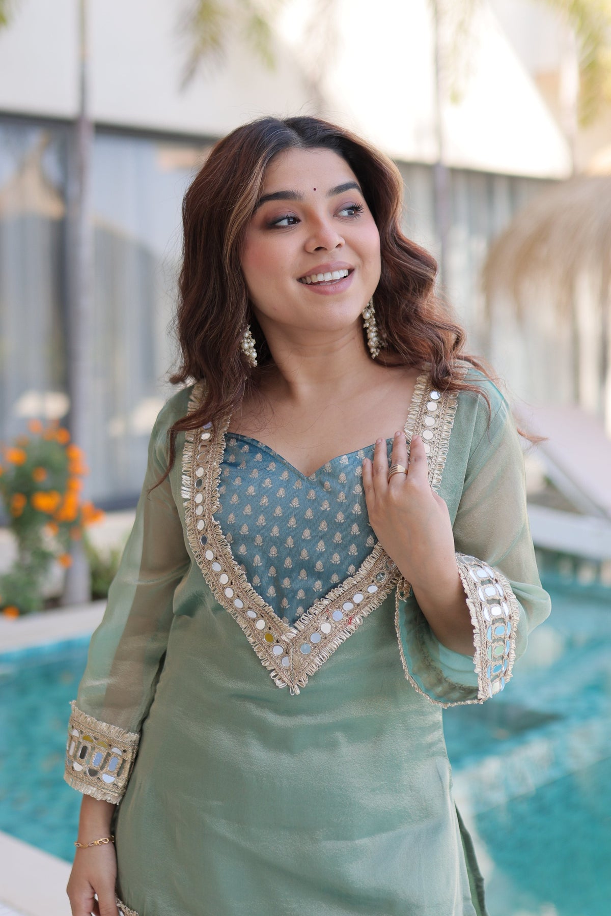 Jyoti Fashion Sea Green Salsa Fabric Mirror Lace Work Designer Kurta Set with Batwa | Grocsy