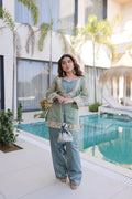 Jyoti Fashion Sea Green Salsa Fabric Mirror Lace Work Designer Kurta Set with Batwa | Grocsy