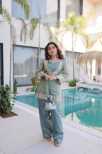 Jyoti Fashion Sea Green Salsa Fabric Mirror Lace Work Designer Kurta Set with Batwa | Grocsy