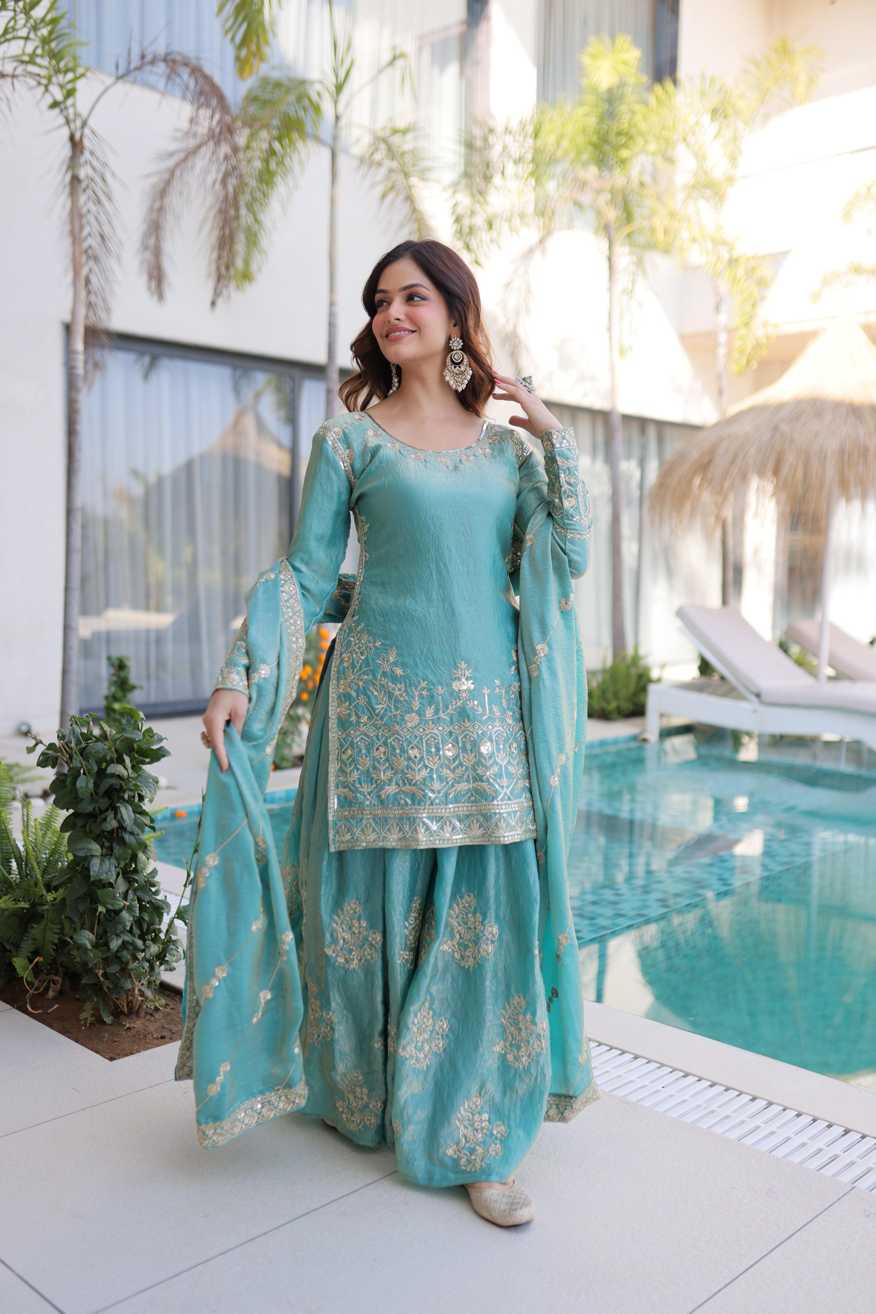 Jyoti Fashion Sky Blue Fendy Crush Embroidered Designer Sharara & Sets | Grocsy