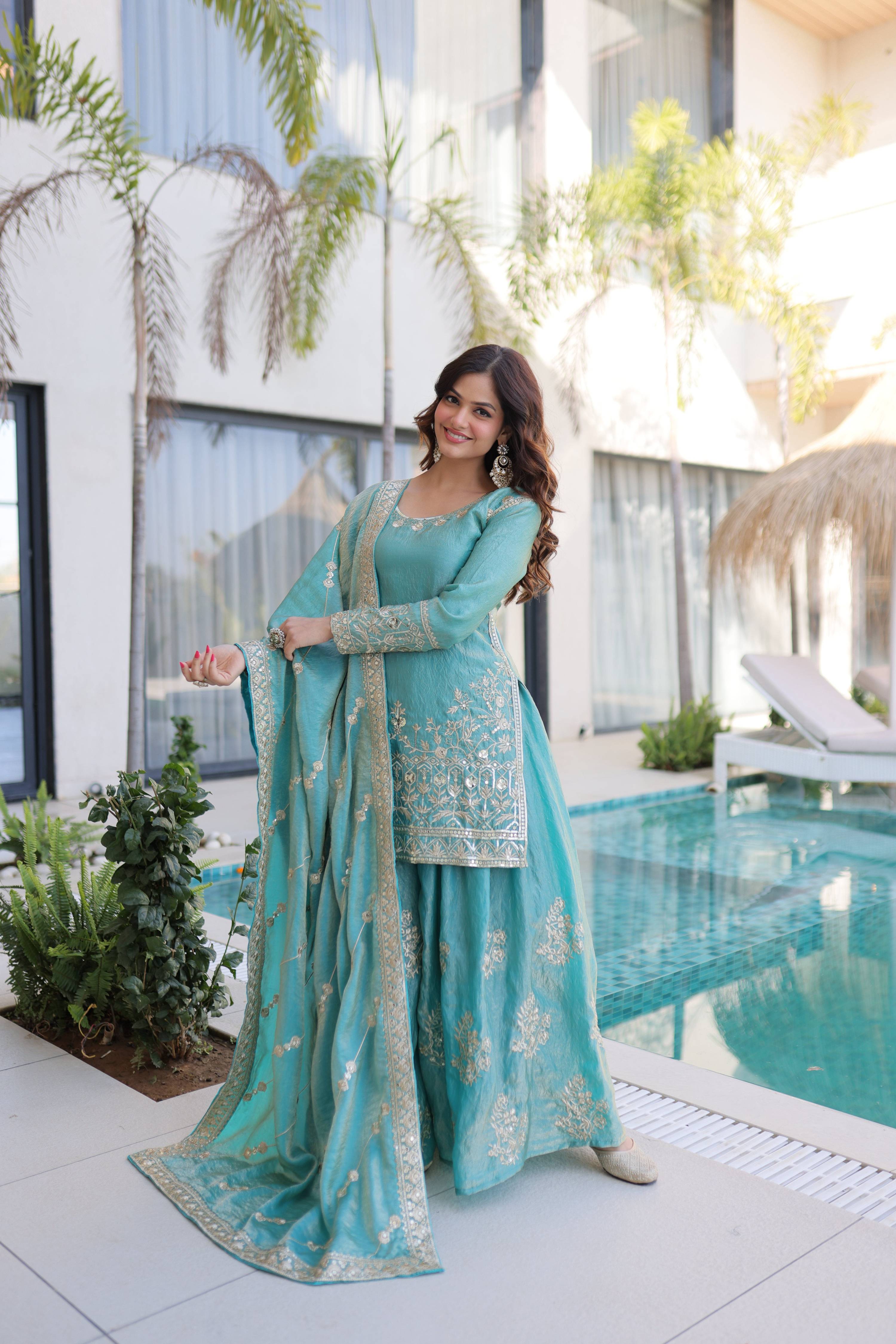 Jyoti Fashion Sky Blue Fendy Crush Embroidered Designer Sharara & Sets | Grocsy