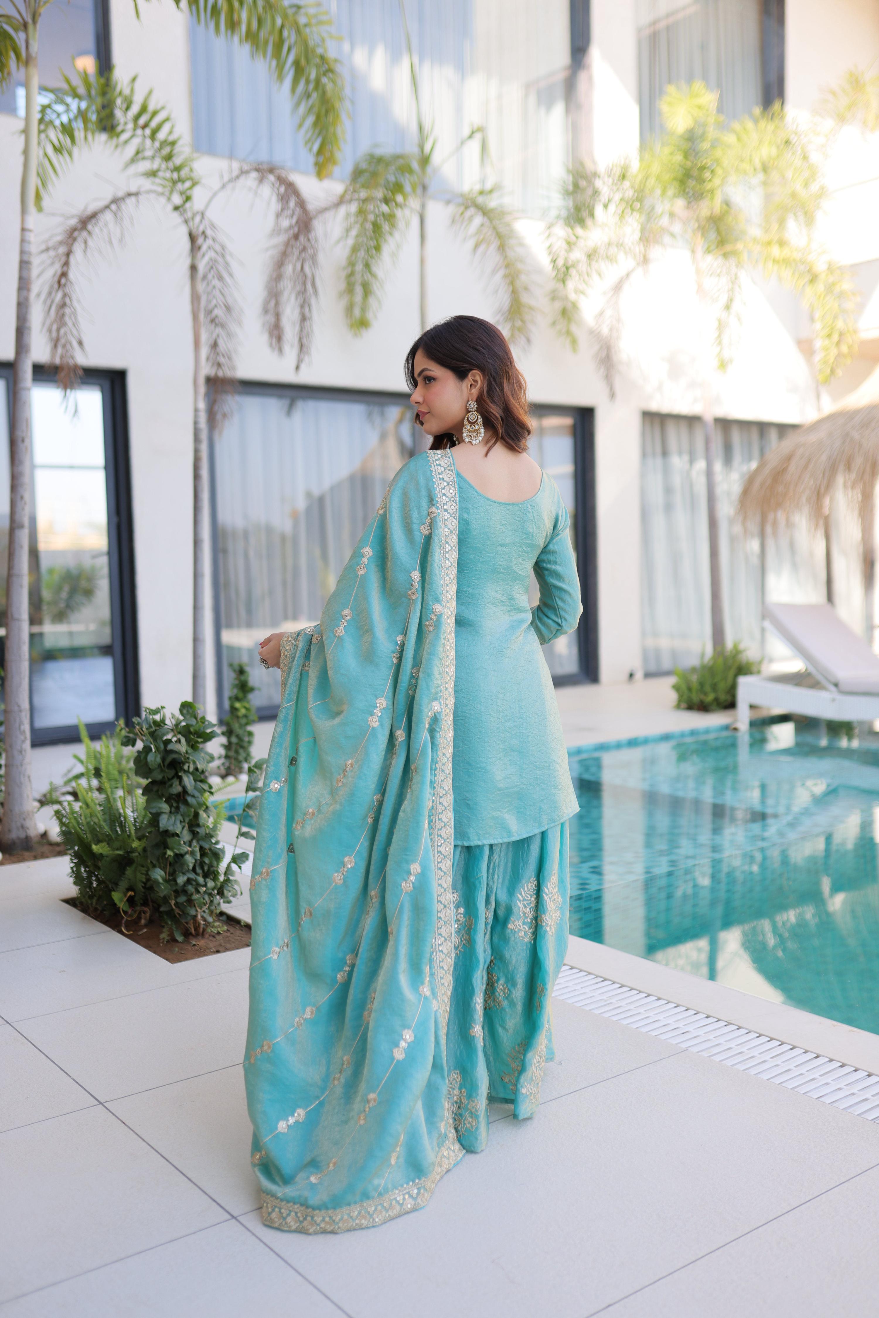 Jyoti Fashion Sky Blue Fendy Crush Embroidered Designer Sharara & Sets | Grocsy