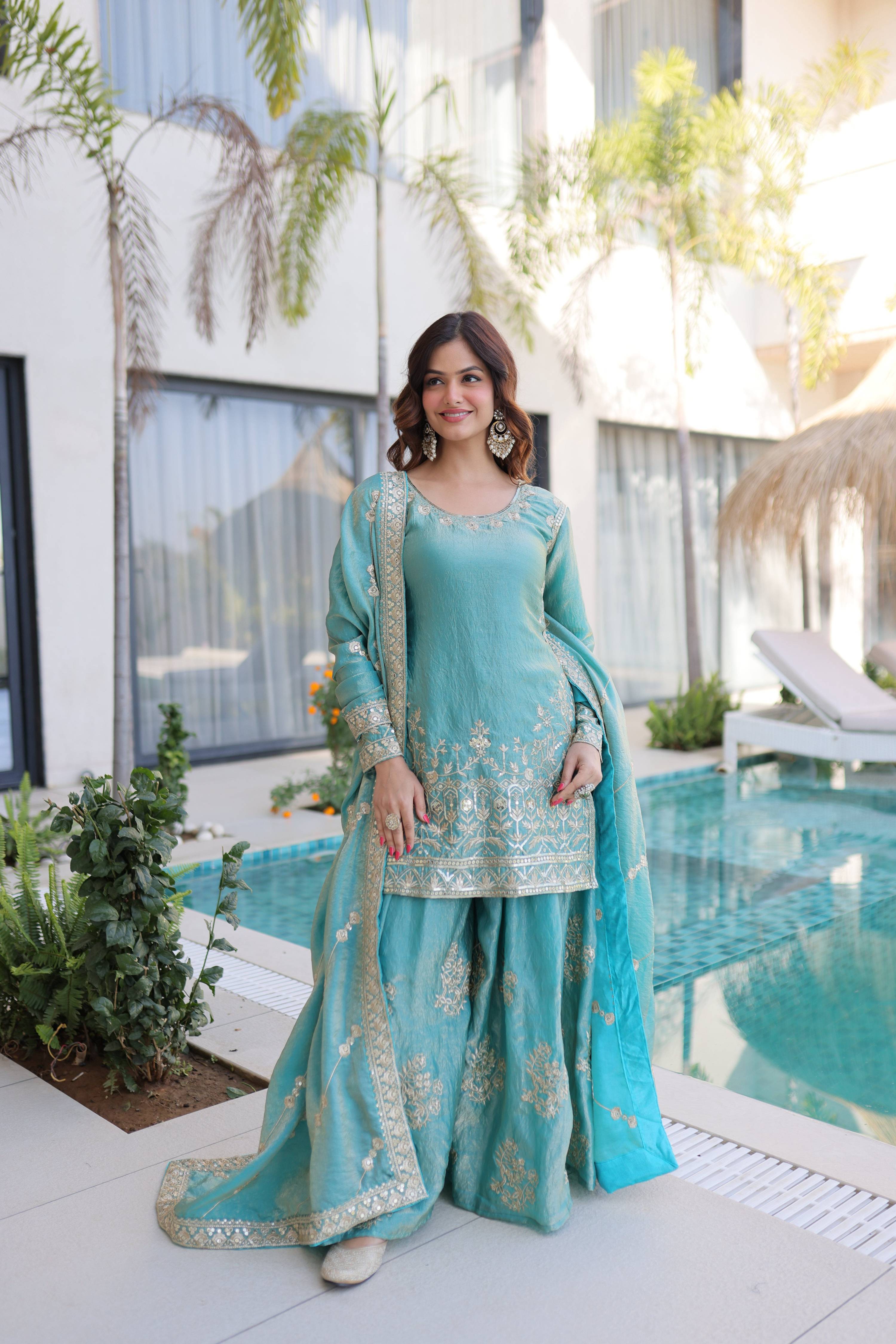 Jyoti Fashion Sky Blue Fendy Crush Embroidered Designer Sharara & Sets | Grocsy