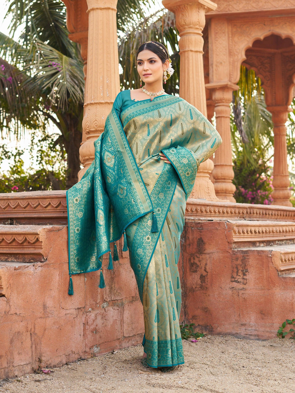 Jyoti Fashion Women's Teal Soft Banarasi Silk Zari Woven Saree with Blouse | Grocsy