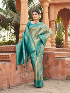 Jyoti Fashion Women's Teal Soft Banarasi Silk Zari Woven Saree with Blouse | Grocsy