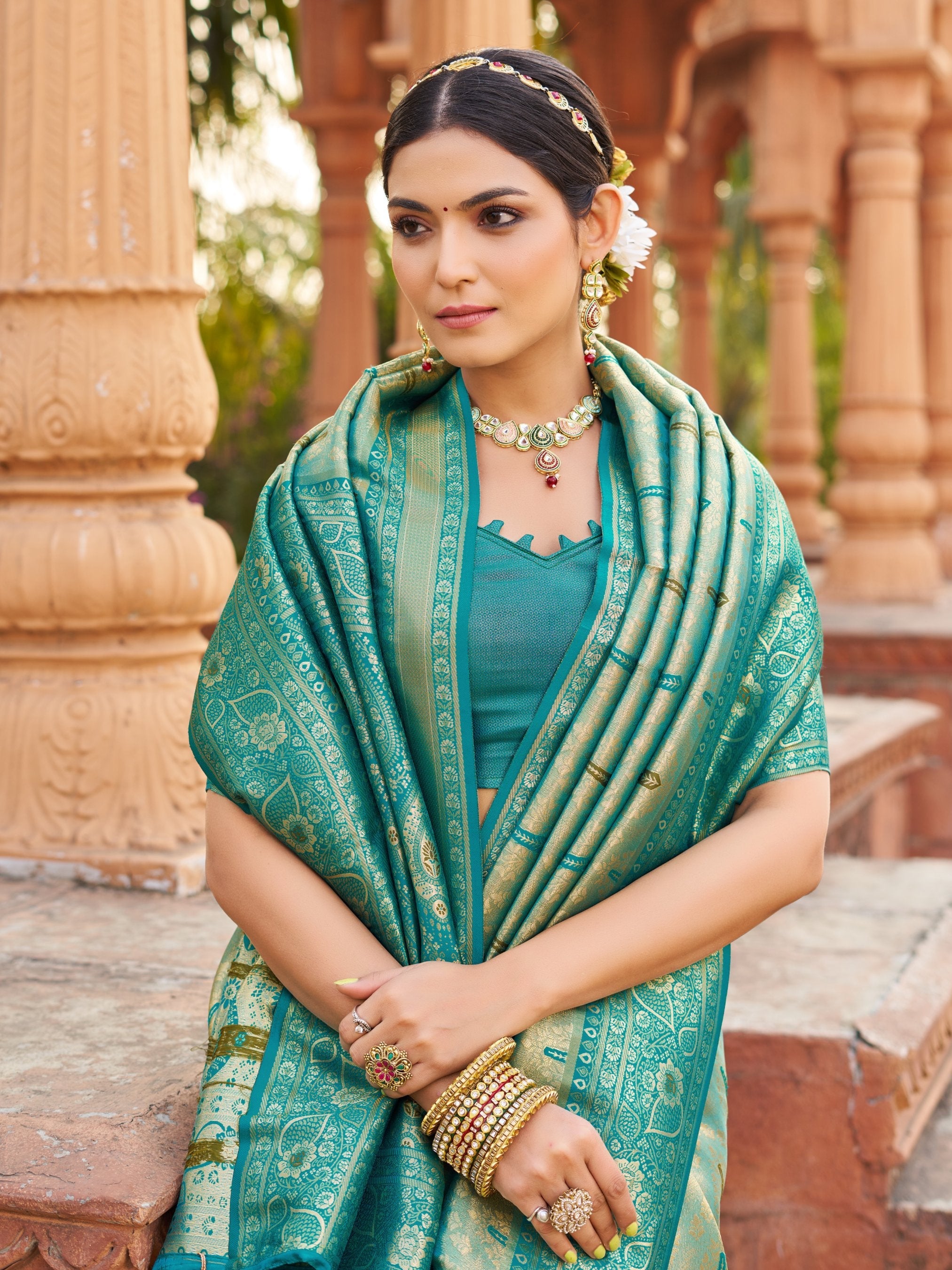 Jyoti Fashion Women's Teal Soft Banarasi Silk Zari Woven Saree with Blouse | Grocsy