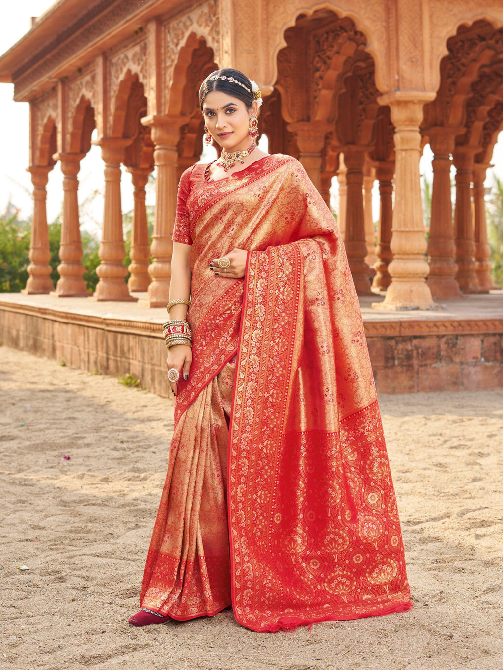 Jyoti Fashion Women's Peach Soft Banarasi Silk Zari Woven Saree with Blouse | Grocsy