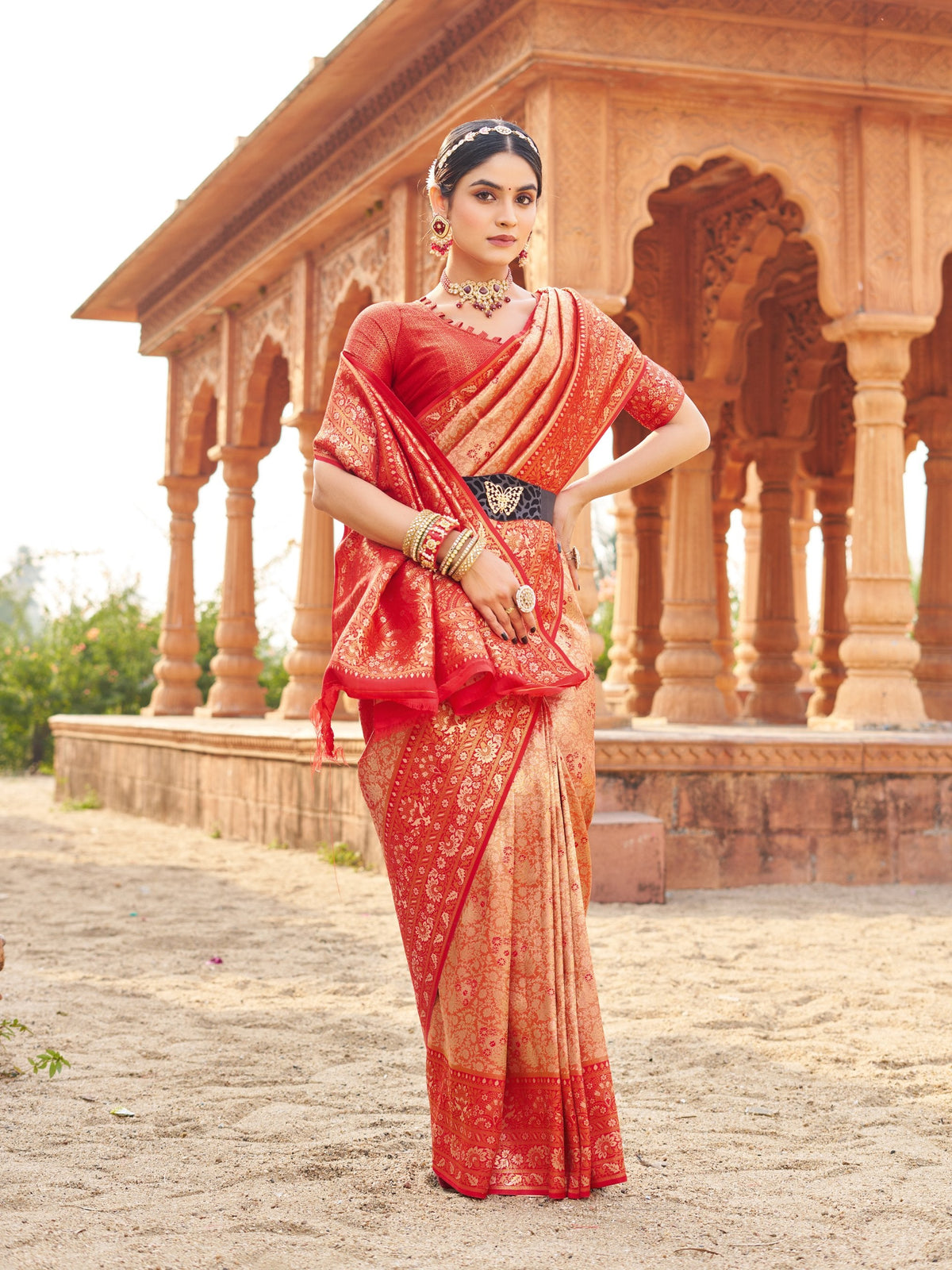 Jyoti Fashion Women's Peach Soft Banarasi Silk Zari Woven Saree with Blouse | Grocsy