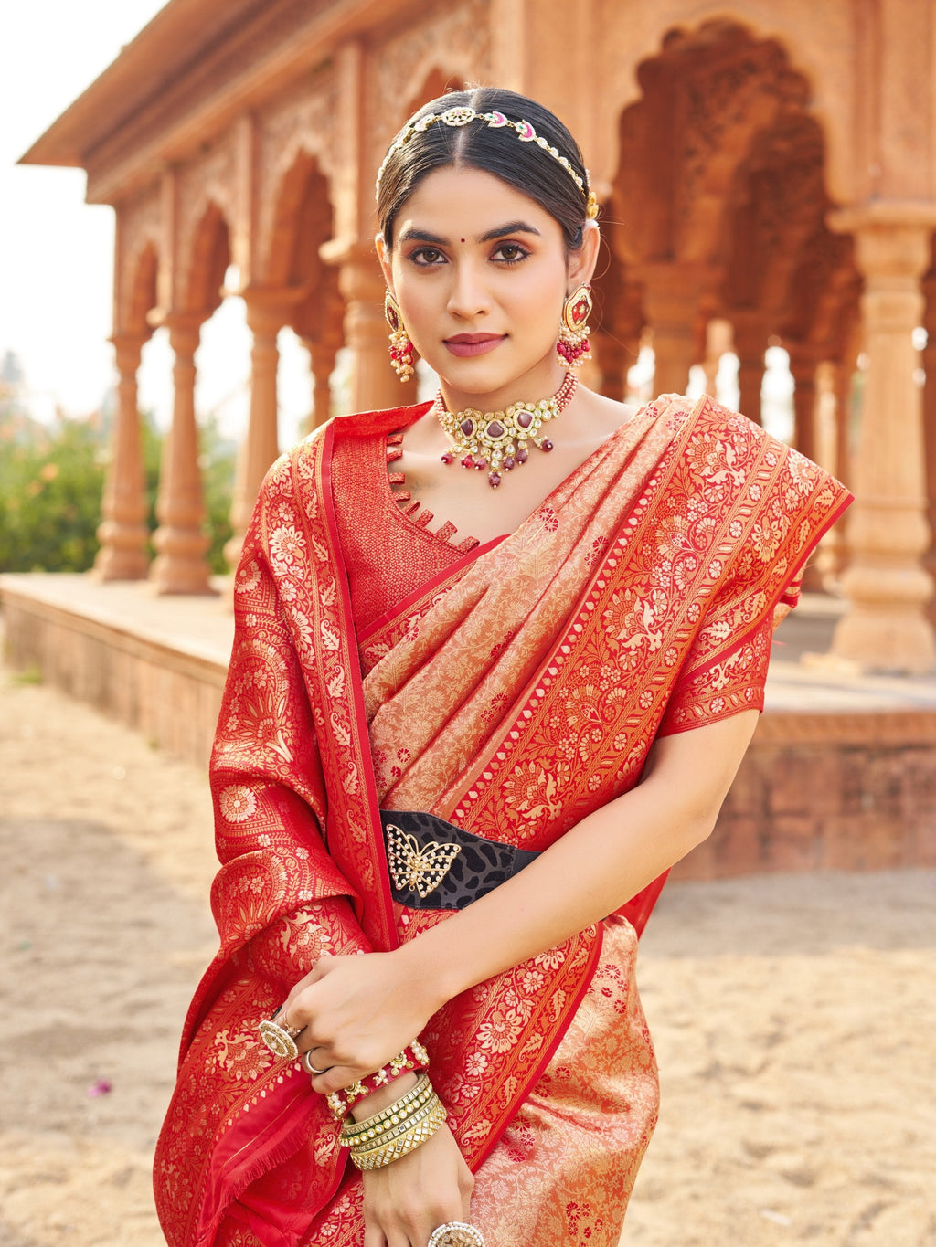 Jyoti Fashion Women's Peach Soft Banarasi Silk Zari Woven Saree with Blouse | Grocsy