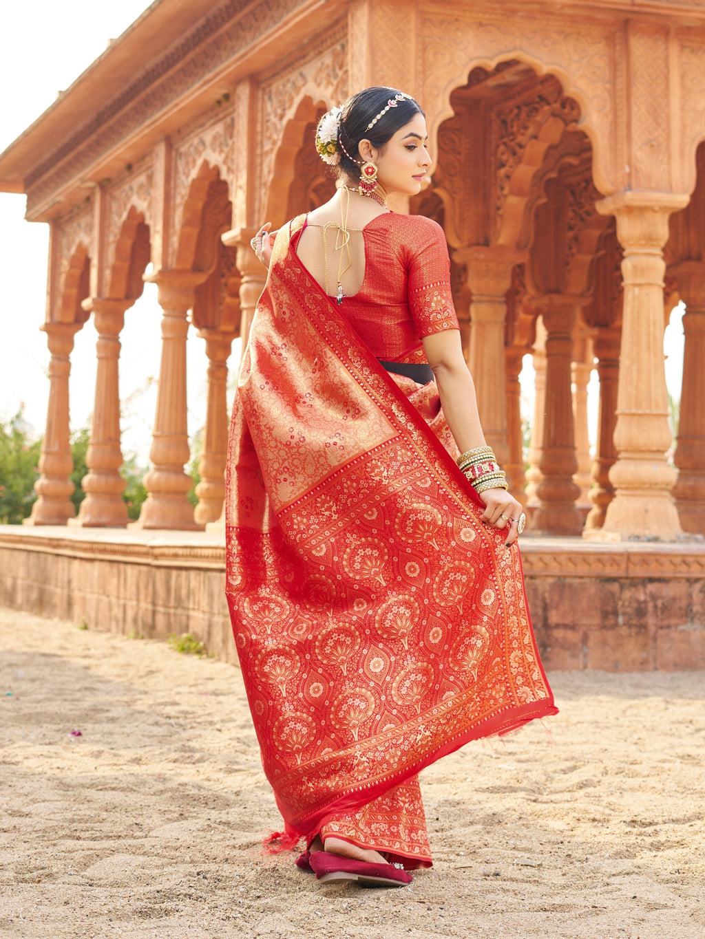 Jyoti Fashion Women's Peach Soft Banarasi Silk Zari Woven Saree with Blouse | Grocsy