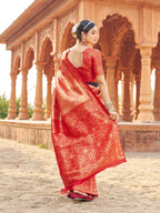Jyoti Fashion Women's Peach Soft Banarasi Silk Zari Woven Saree with Blouse | Grocsy