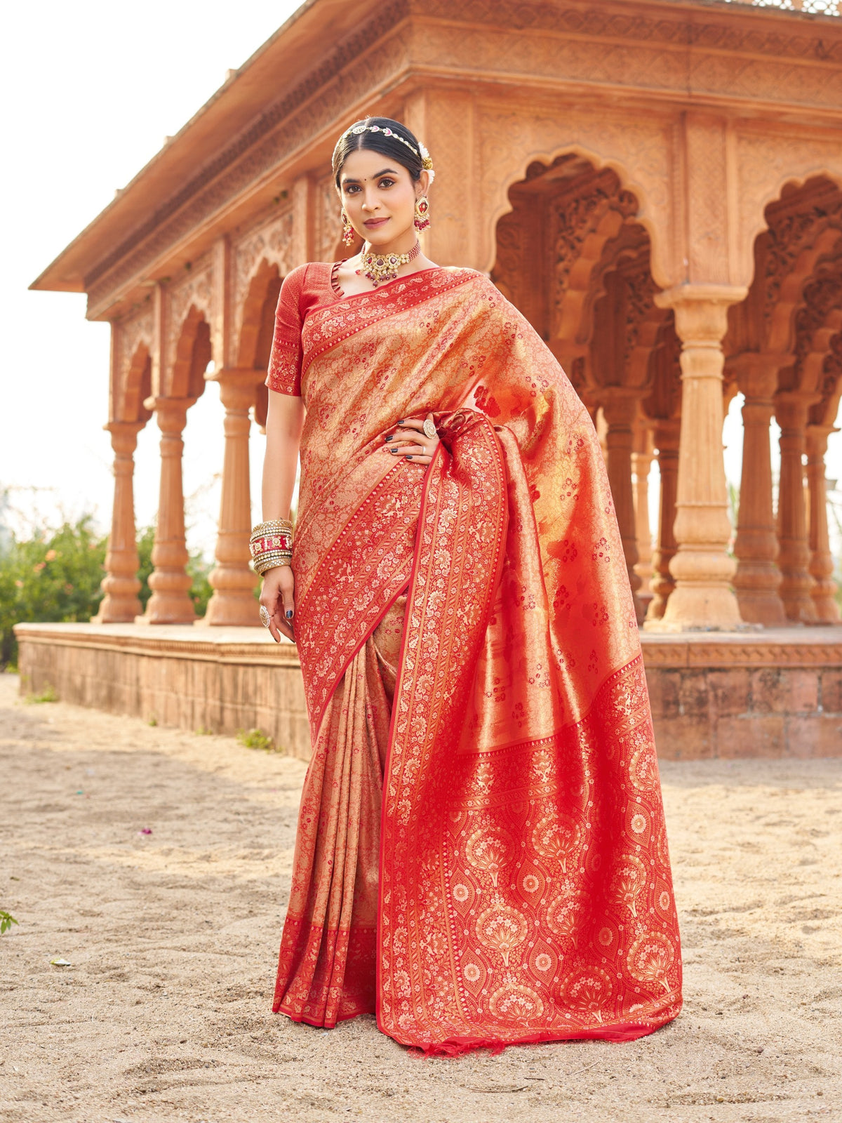 Jyoti Fashion Women's Peach Soft Banarasi Silk Zari Woven Saree with Blouse | Grocsy
