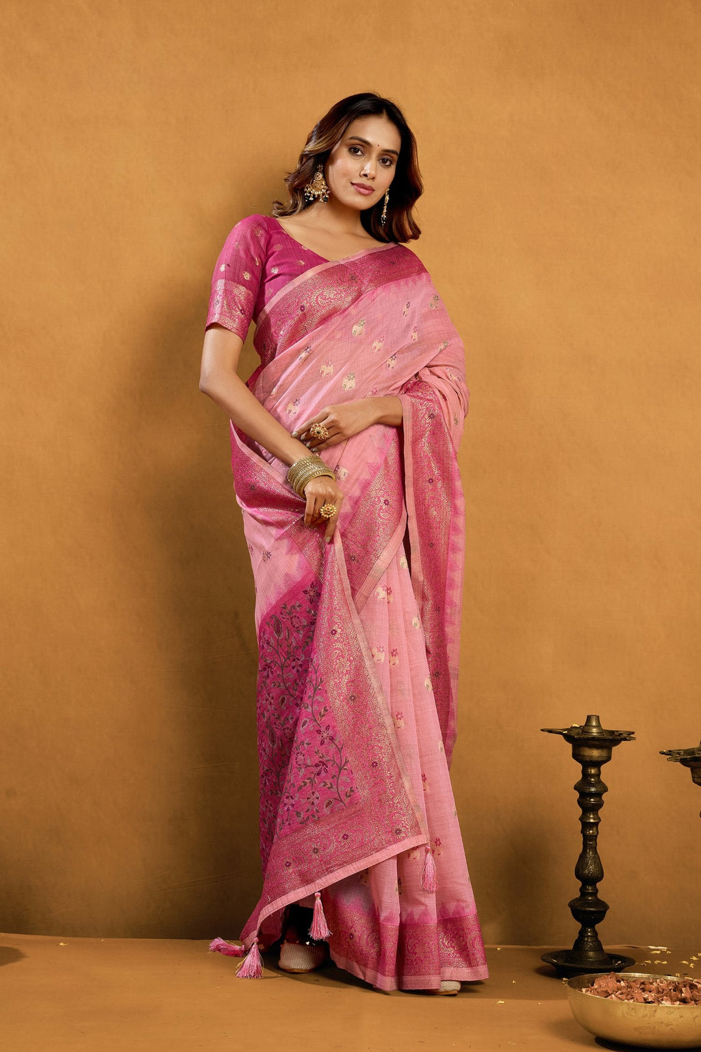 Jyoti Fashion Women's Pink Premium Spun Cotton Zari Woven Saree with Blouse | Grocsy