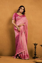 Jyoti Fashion Women's Pink Premium Spun Cotton Zari Woven Saree with Blouse | Grocsy