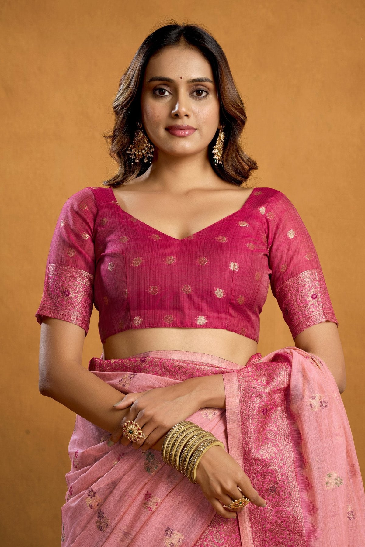 Jyoti Fashion Women's Pink Premium Spun Cotton Zari Woven Saree with Blouse | Grocsy