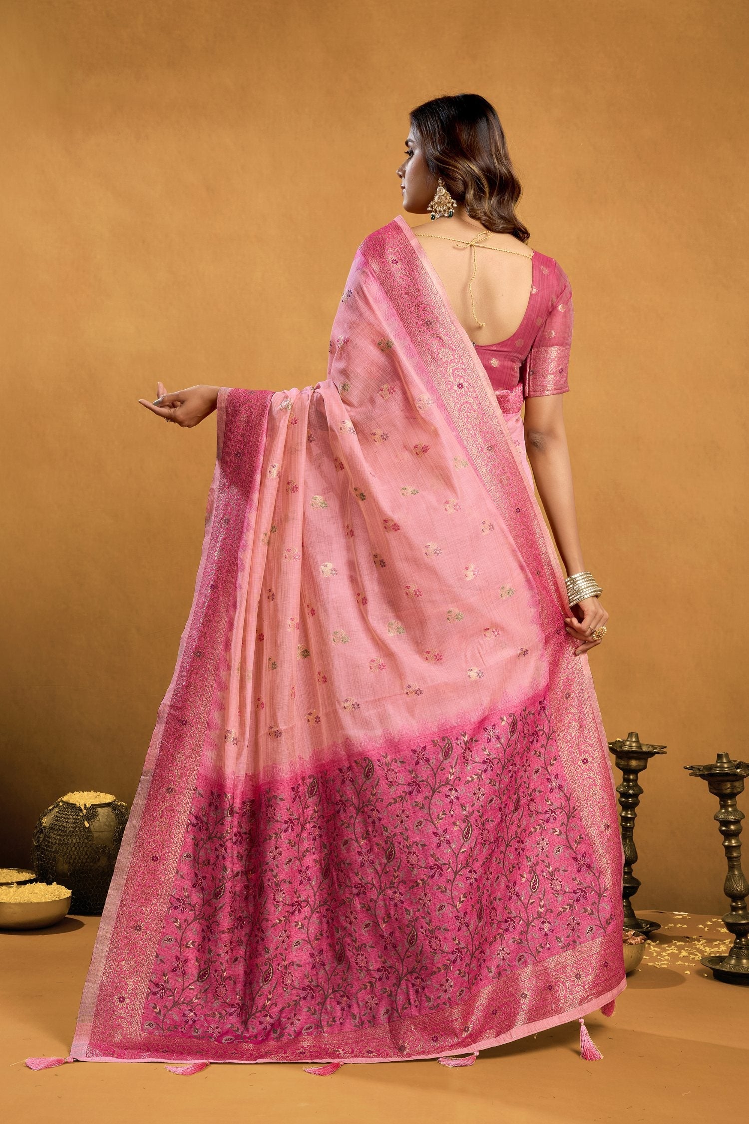 Jyoti Fashion Women's Pink Premium Spun Cotton Zari Woven Saree with Blouse | Grocsy