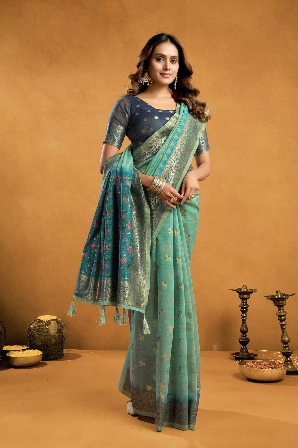 Jyoti Fashion Women's Turquoise Premium Spun Cotton Zari Woven Saree with Blouse | Grocsy