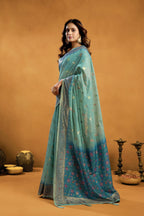 Jyoti Fashion Women's Turquoise Premium Spun Cotton Zari Woven Saree with Blouse | Grocsy